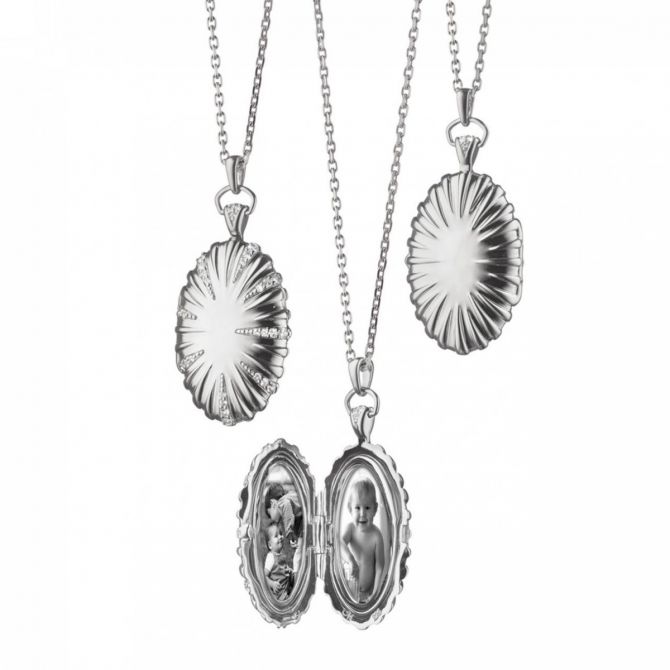 Monica Rich Kosann Sunburst Oval Locket with White Sapphires in Sterling Silver, 32"
