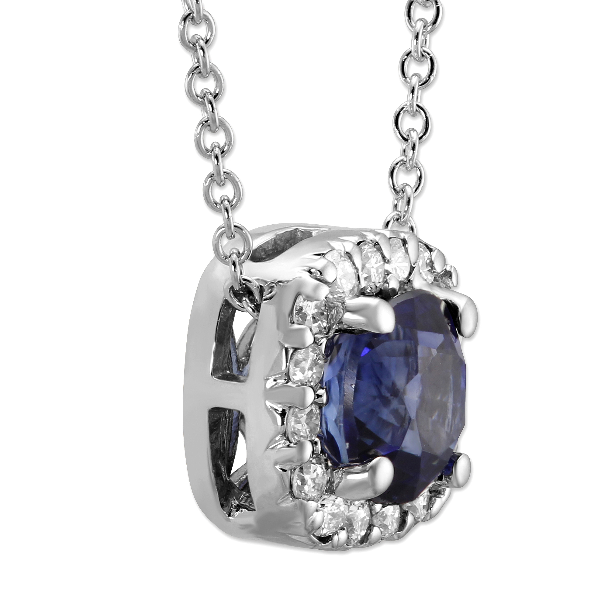 Sapphire & Diamond Halo Pendant in White Gold, 16