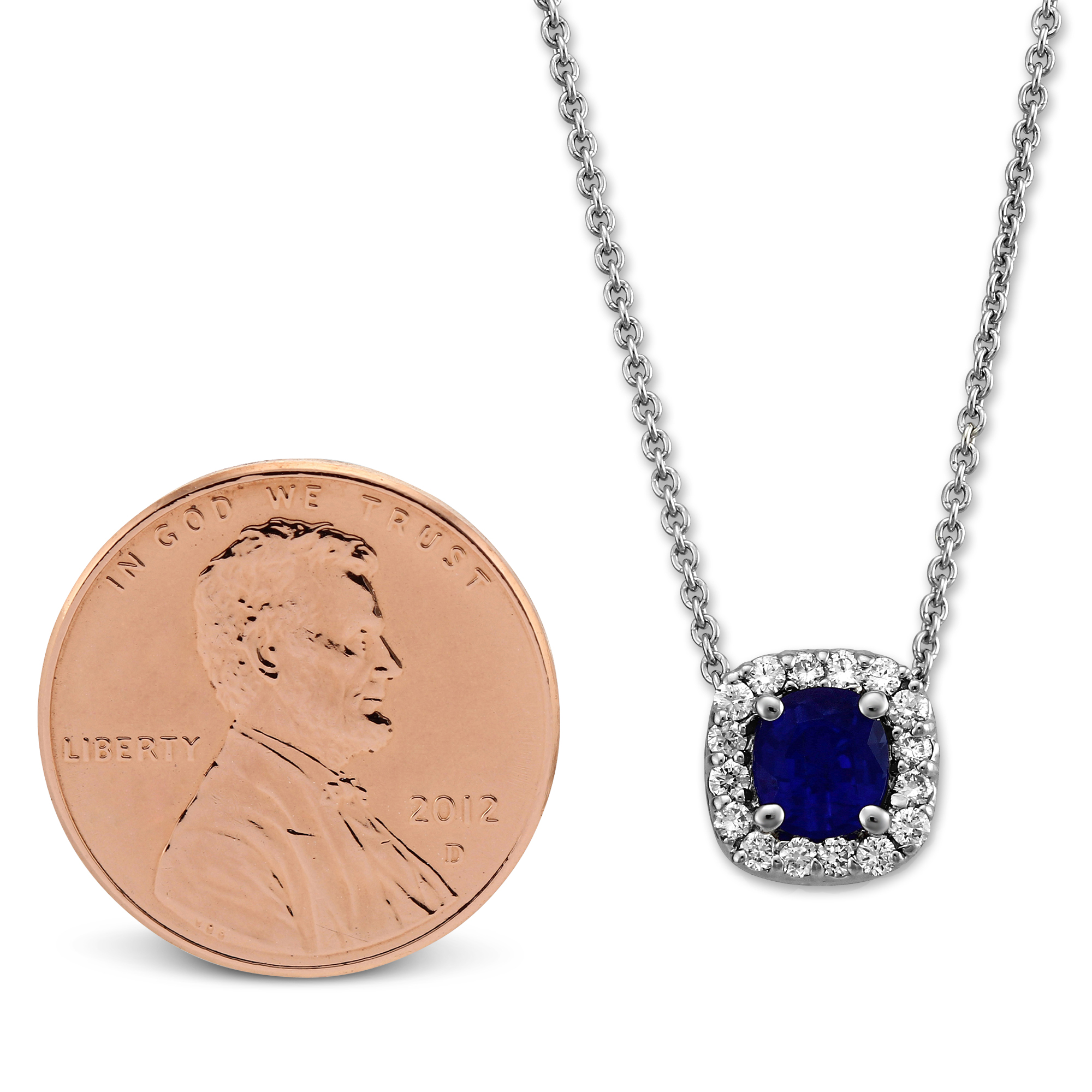 Sapphire & Diamond Halo Pendant in White Gold, 16