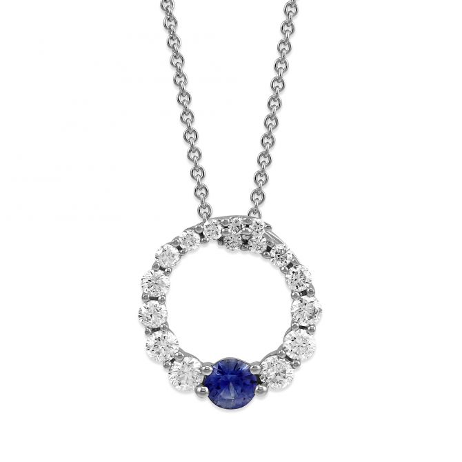 Sapphire & Diamond Circle Pendant in White Gold, 18"