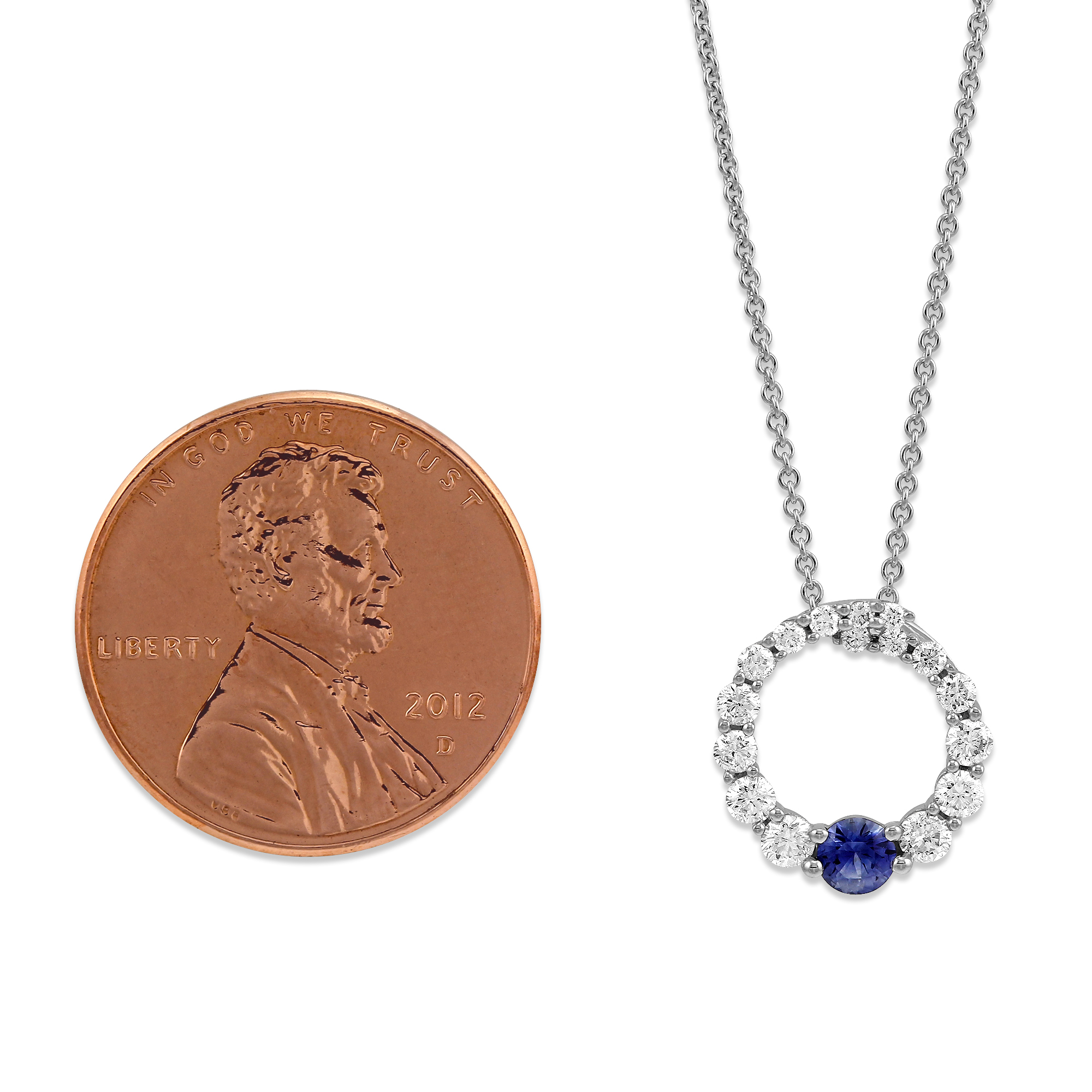 Sapphire & Diamond Circle Pendant in White Gold, 18