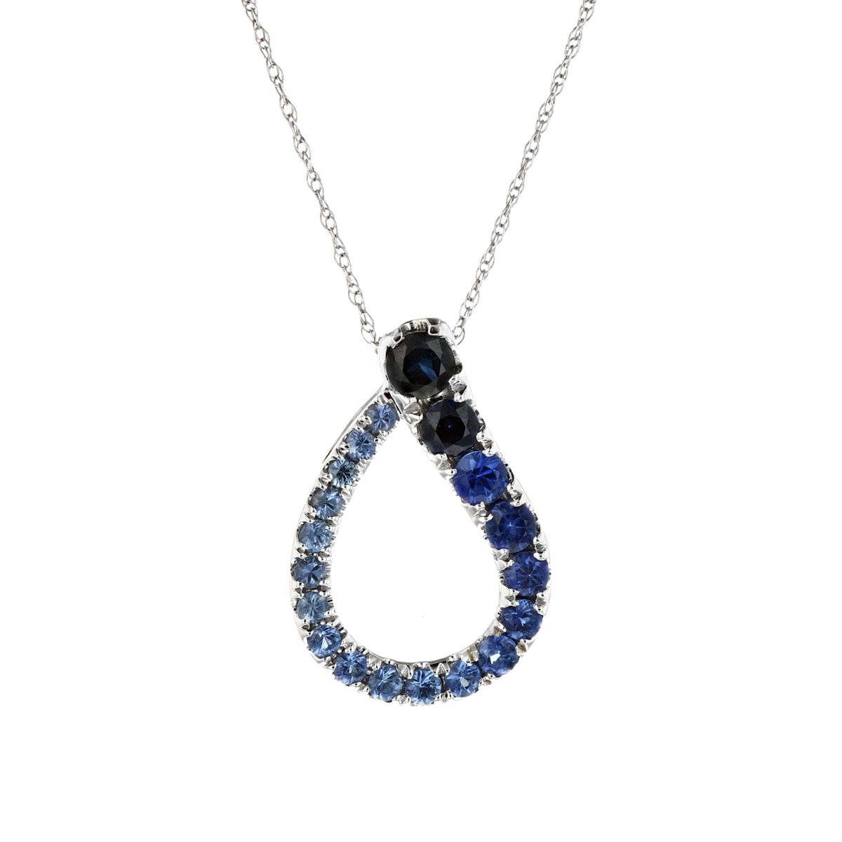 14K White Gold Multi Blue Sapphire Ombre Teardrop Pendant, 18