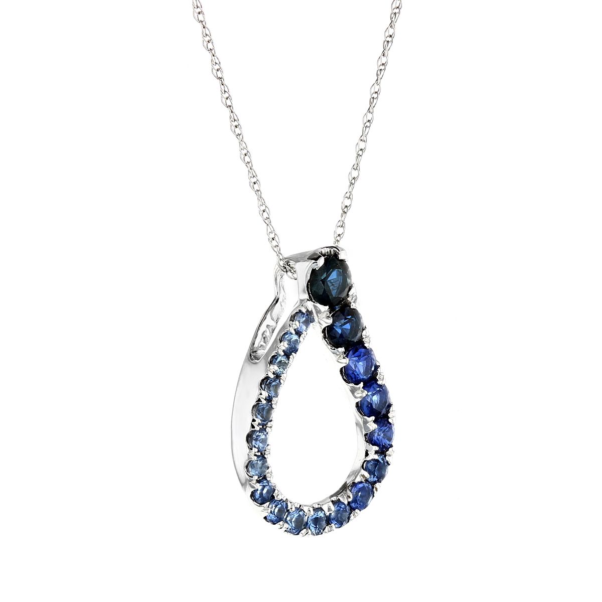 14K White Gold Multi Blue Sapphire Ombre Teardrop Pendant, 18