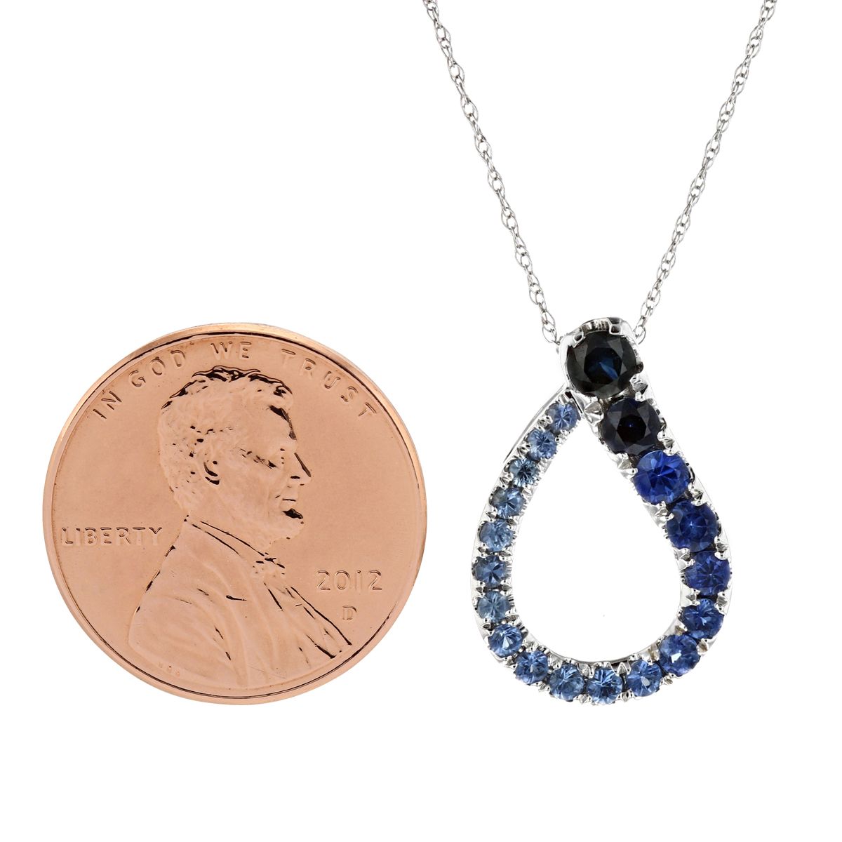 14K White Gold Multi Blue Sapphire Ombre Teardrop Pendant, 18