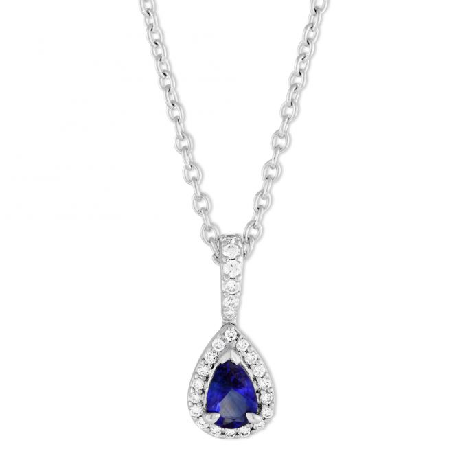 Pear Shaped Sapphire & Diamond Pendant in White Gold, 18"