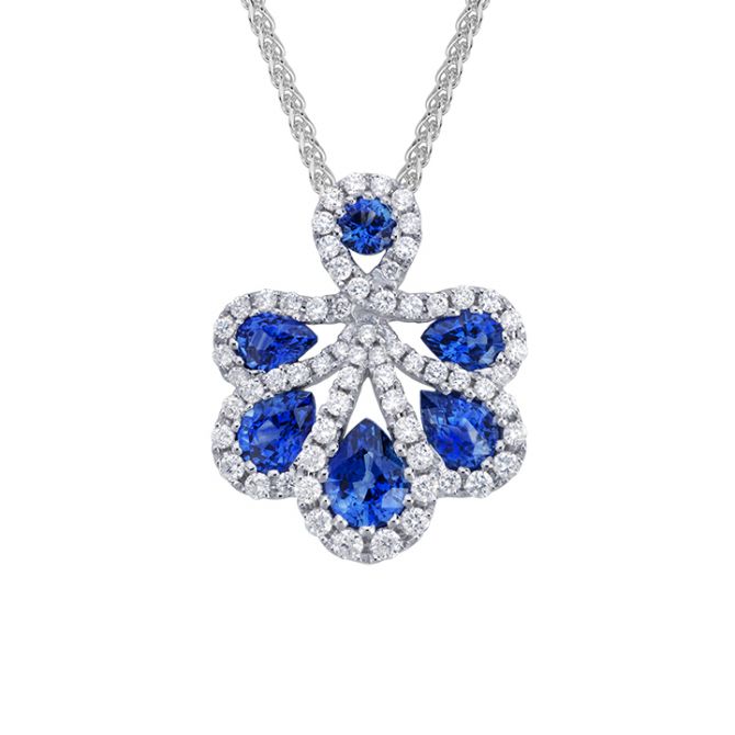 14K White Gold Pear & Round Sapphire & Diamond Pendant, 18"