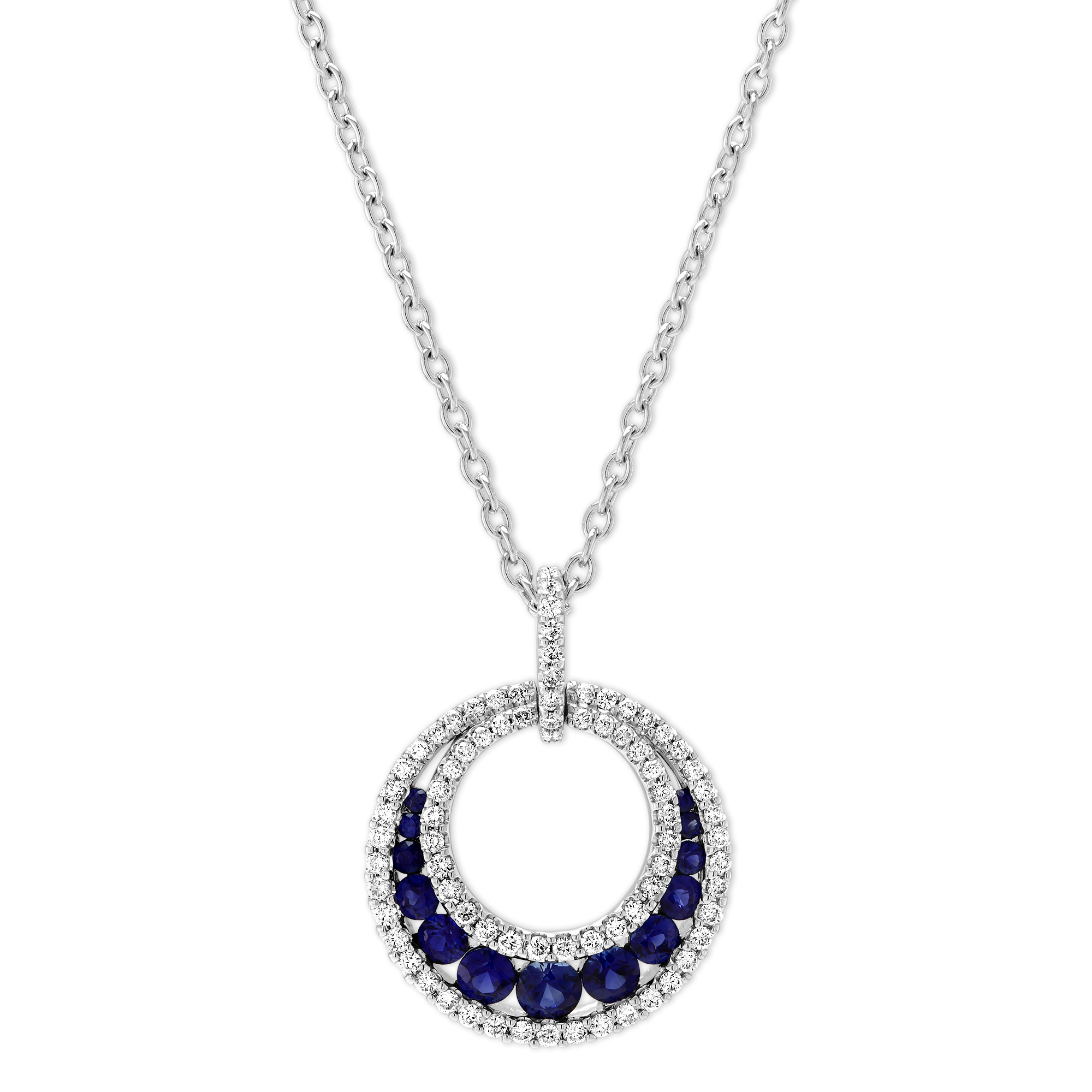 Round Sapphire & Diamond Circle Pendant in White Gold, 18