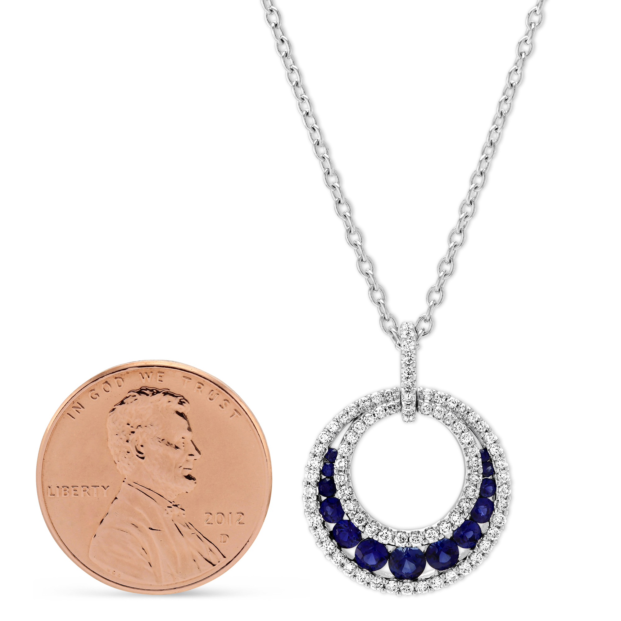 Round Sapphire & Diamond Circle Pendant in White Gold, 18