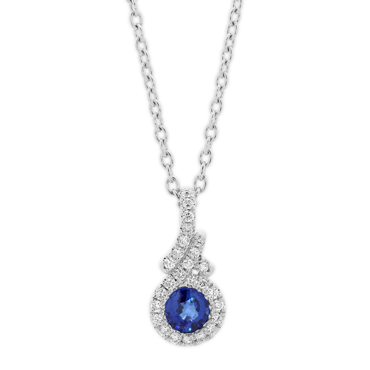 14K White Gold Sapphire Pendant with Diamond Halo & Bezel, 18
