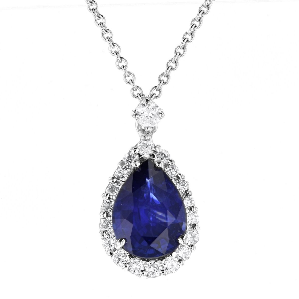18K White Gold Pear Shaped Sapphire & Diamond Halo Pendant, 16