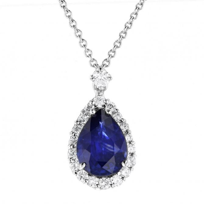 18K White Gold Pear Shaped Sapphire & Diamond Halo Pendant, 16"