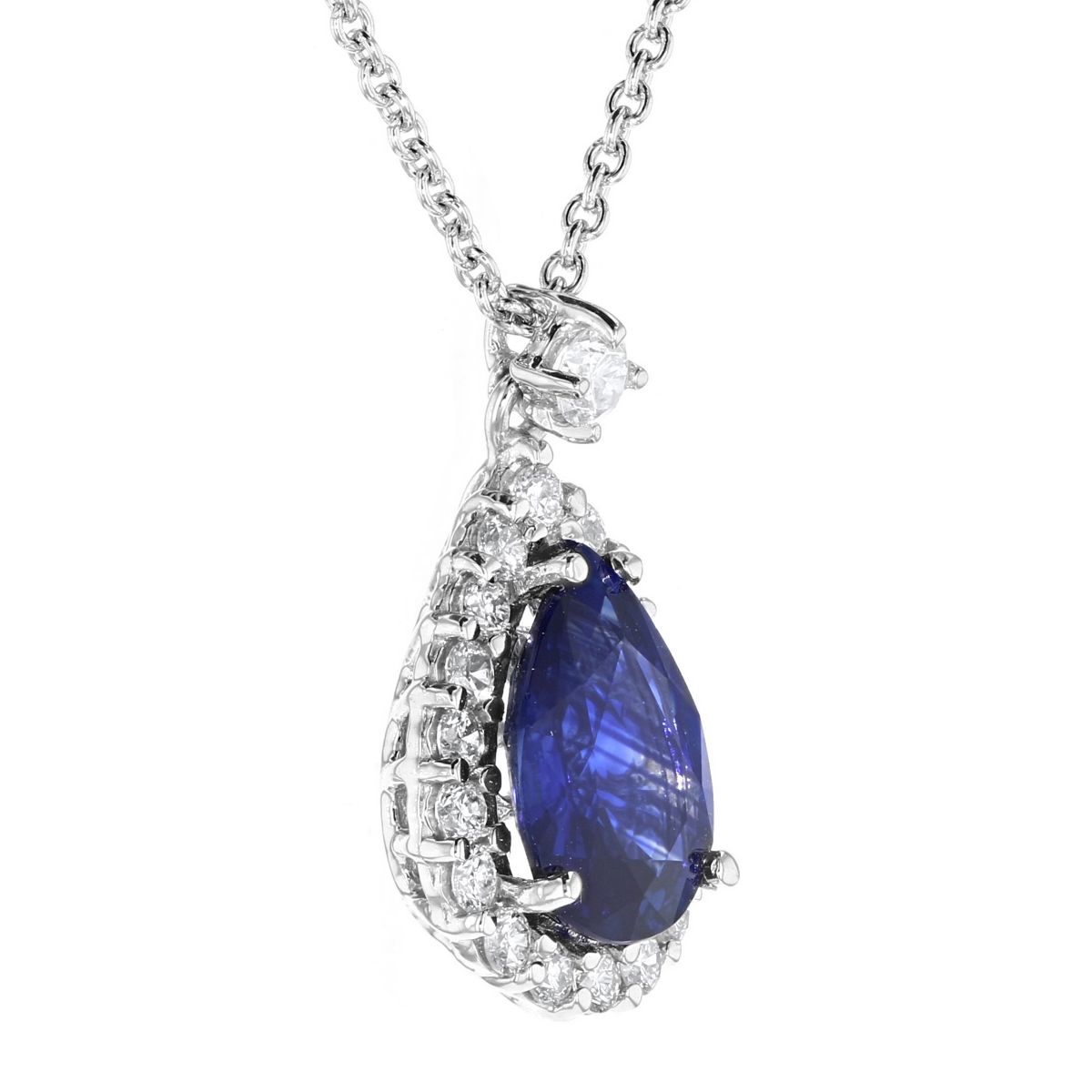 18K White Gold Pear Shaped Sapphire & Diamond Halo Pendant, 16