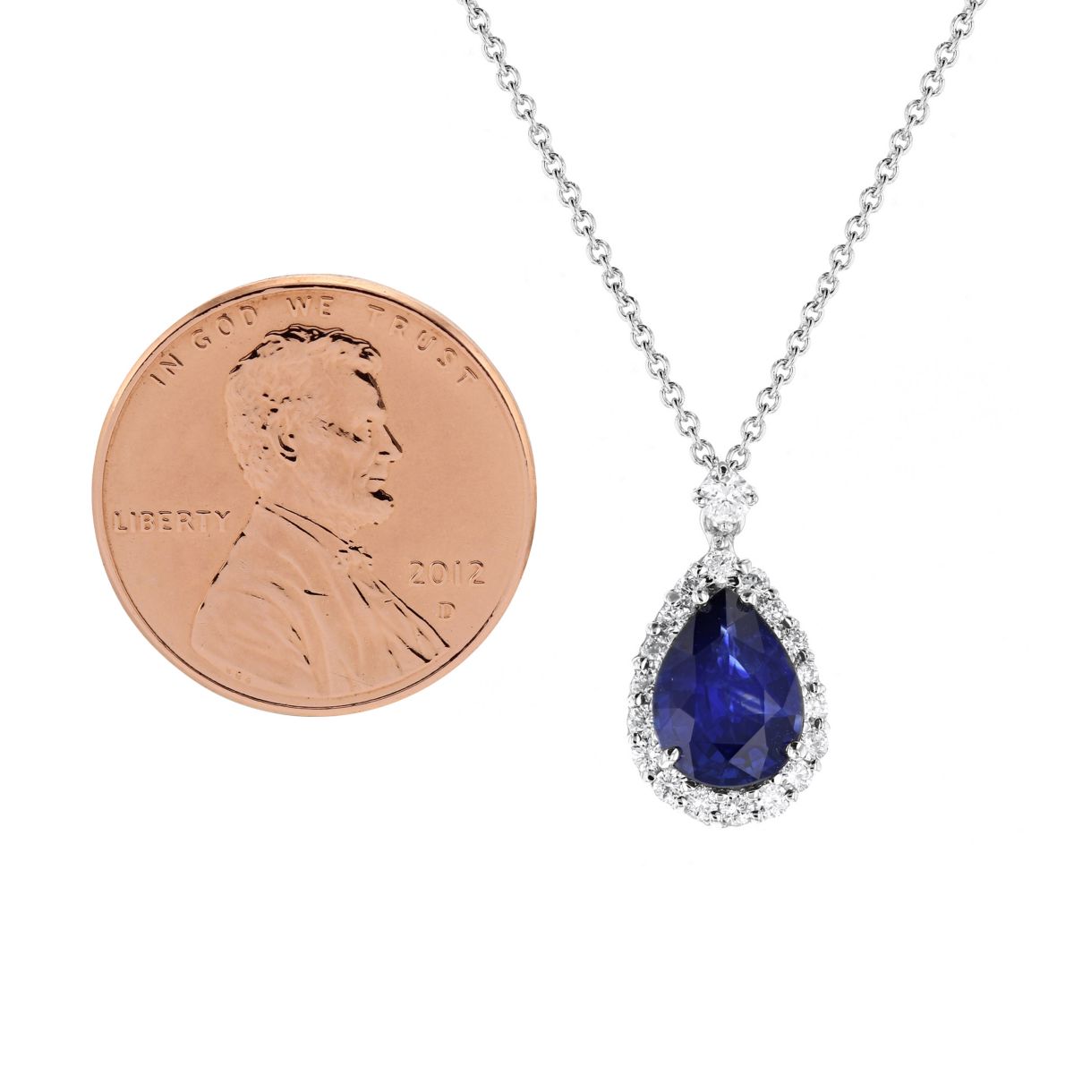 18K White Gold Pear Shaped Sapphire & Diamond Halo Pendant, 16