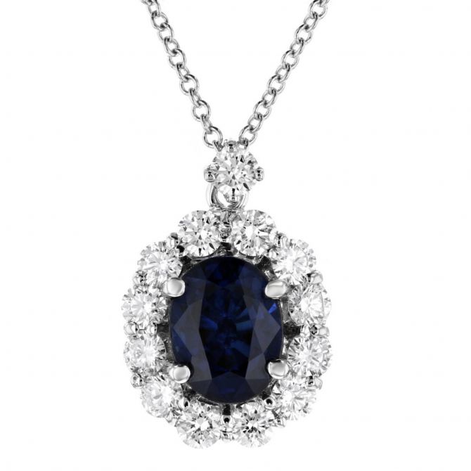 Oval Sapphire & Diamond Halo Pendant in White Gold, 16"
