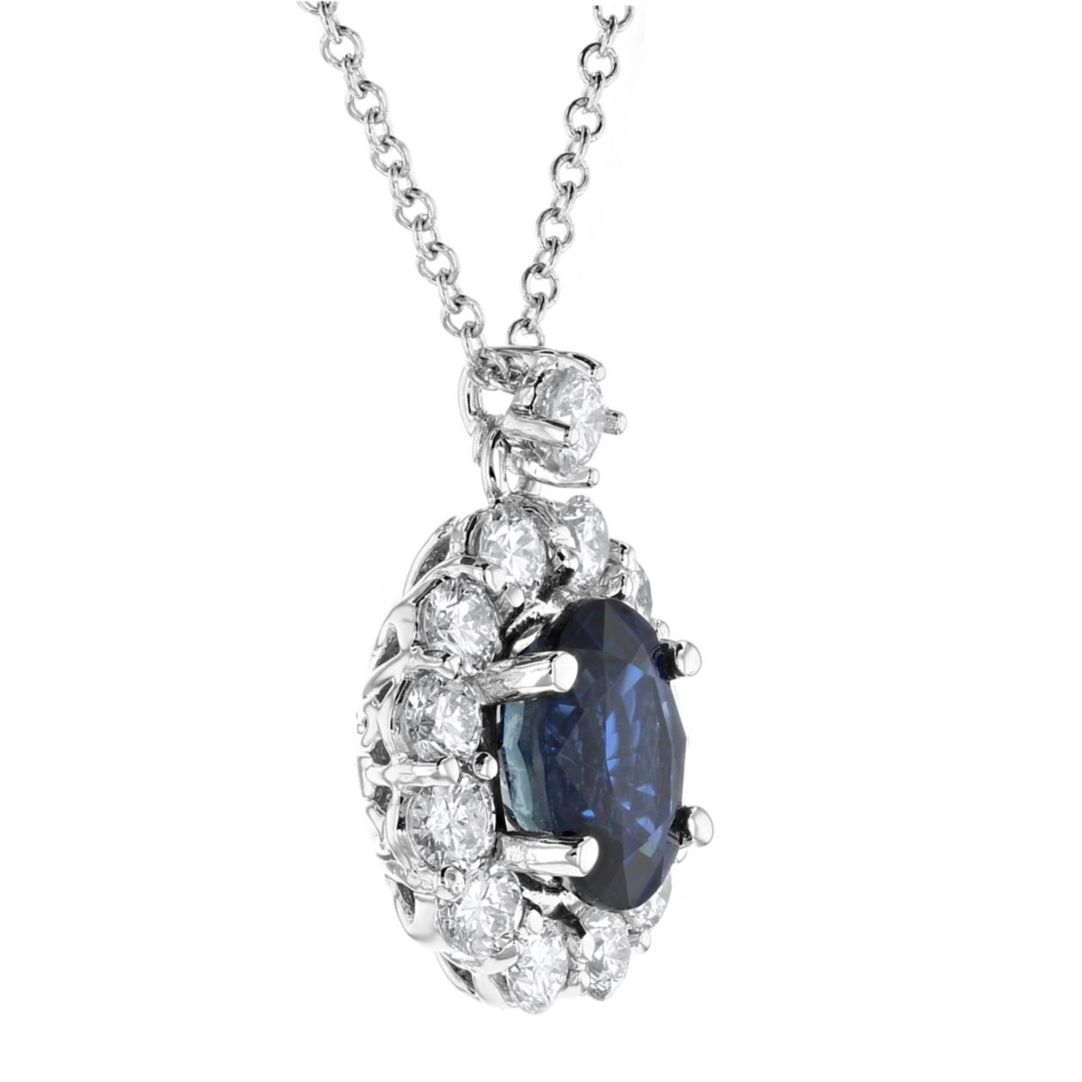 Oval Sapphire & Diamond Halo Pendant in White Gold, 16