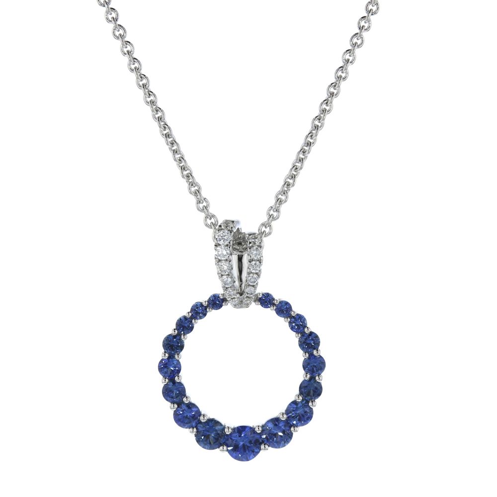 14K White Gold Sapphire & Diamond Graduated Open Circle Pendant, 18