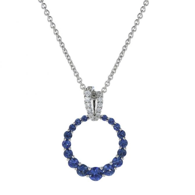 14K White Gold Sapphire & Diamond Graduated Open Circle Pendant, 18"