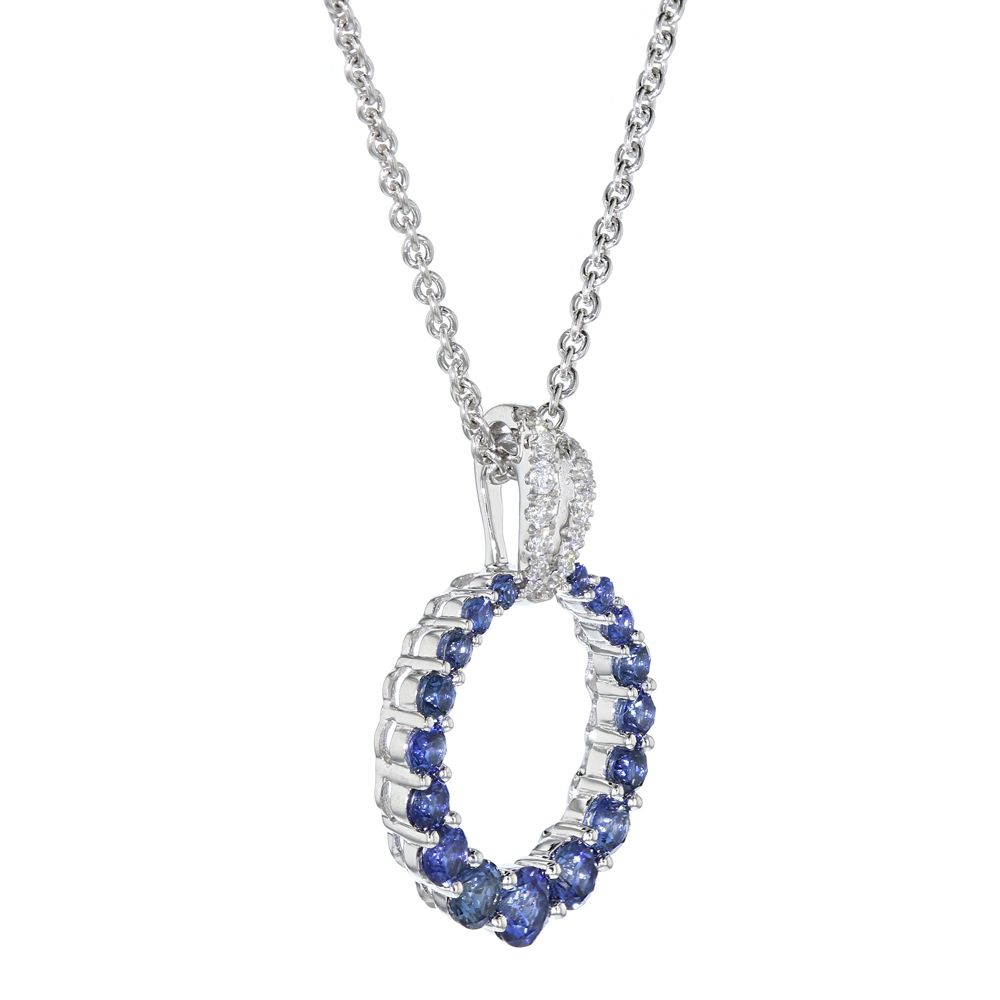 14K White Gold Sapphire & Diamond Graduated Open Circle Pendant, 18