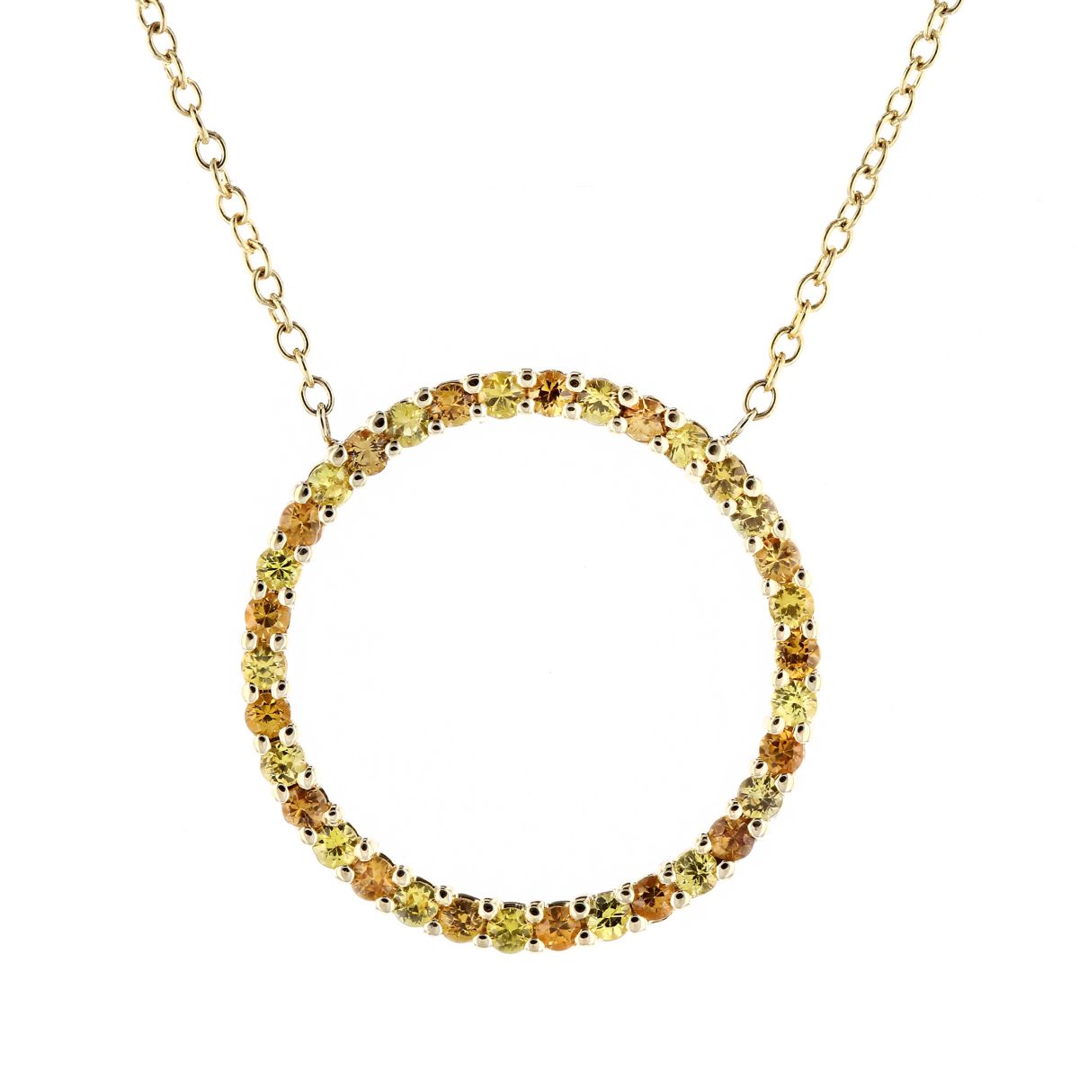 18K Yellow Gold Orange & Yellow Sapphire Open Circle Necklace, 16