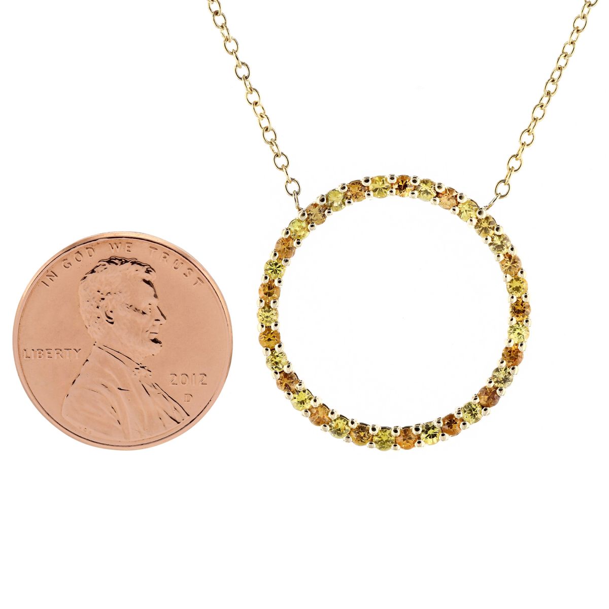 18K Yellow Gold Orange & Yellow Sapphire Open Circle Necklace, 16