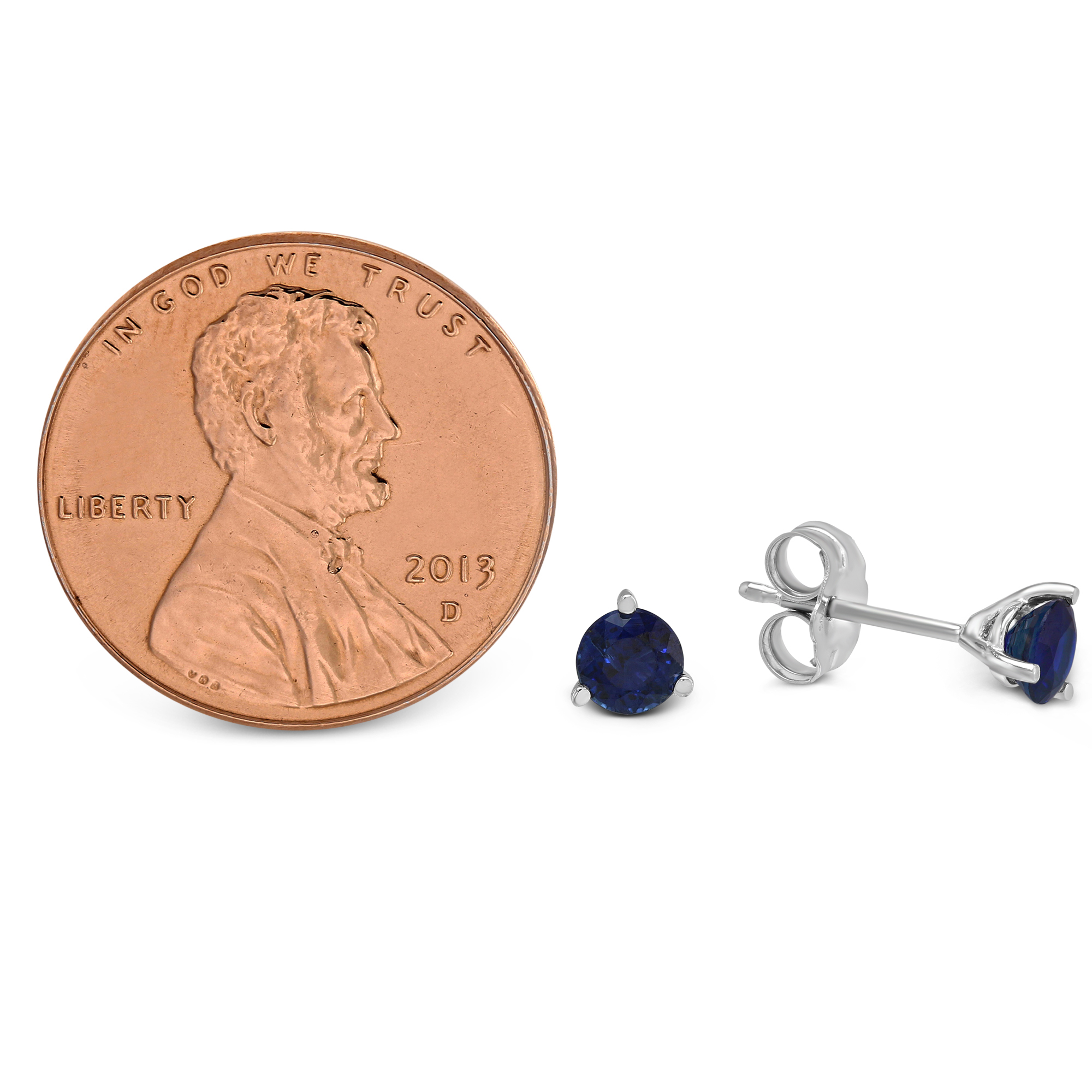 14K White Gold Round Sapphire Stud Earrings, 4mm