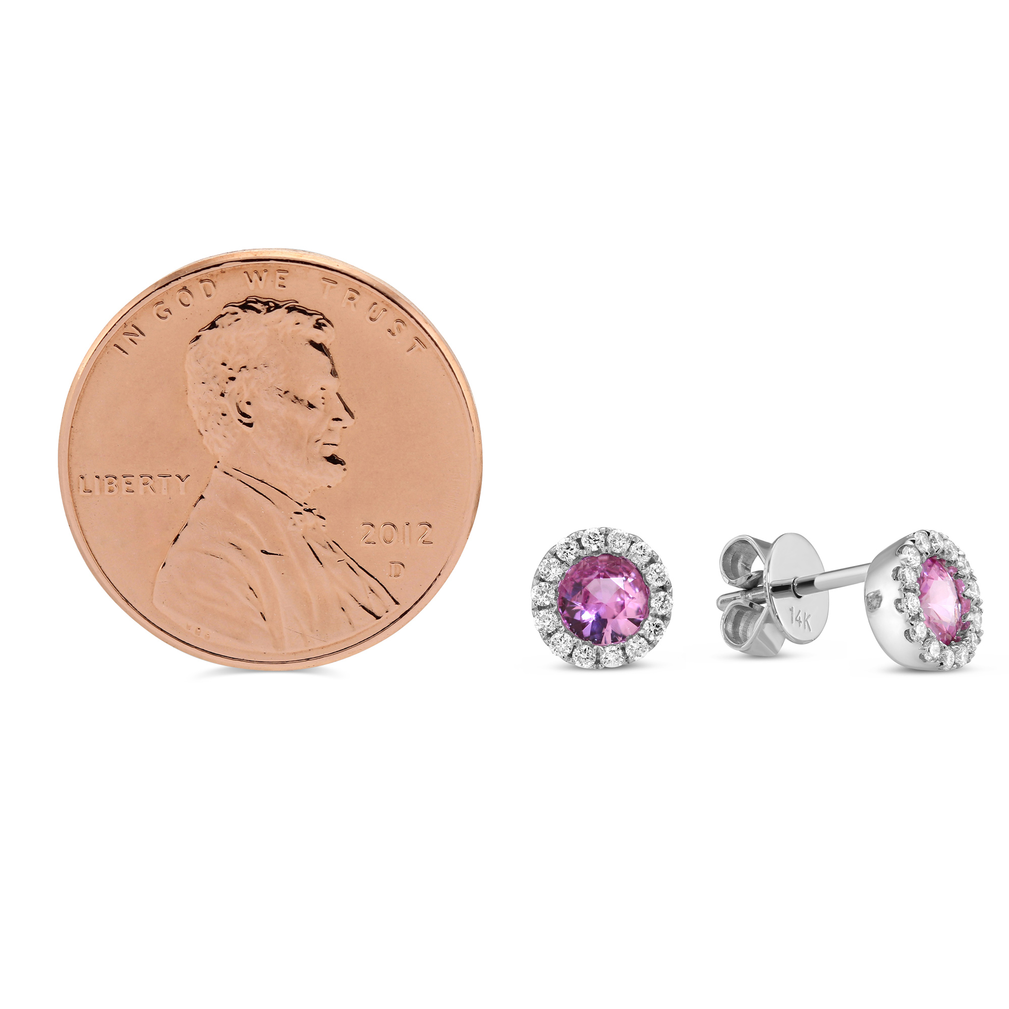 Round Pink Sapphire & Diamond Earrings in White Gold