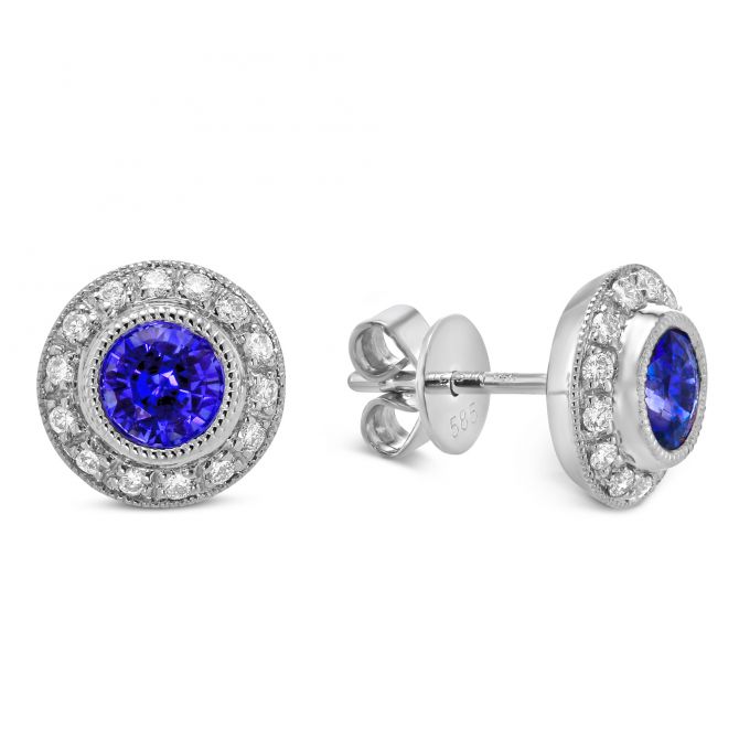 14K White Gold Round Sapphire & Diamond Milgrain Halo Earrings