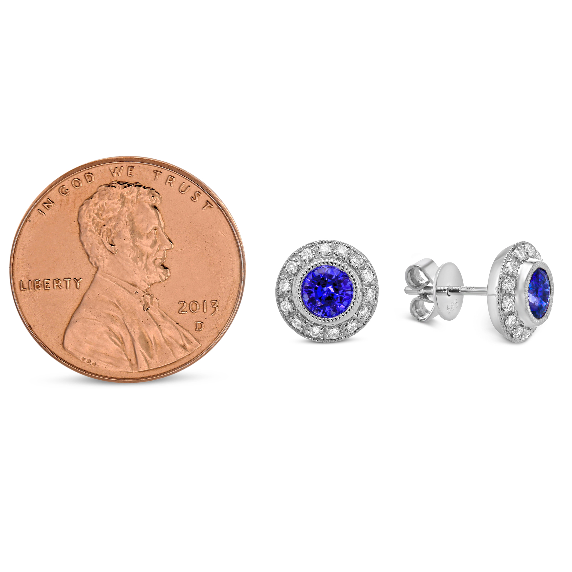 14K White Gold Round Sapphire & Diamond Milgrain Halo Earrings