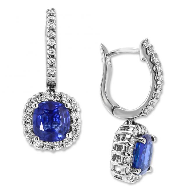 18K White Gold Sapphire & Diamond Halo Dangle Earrings
