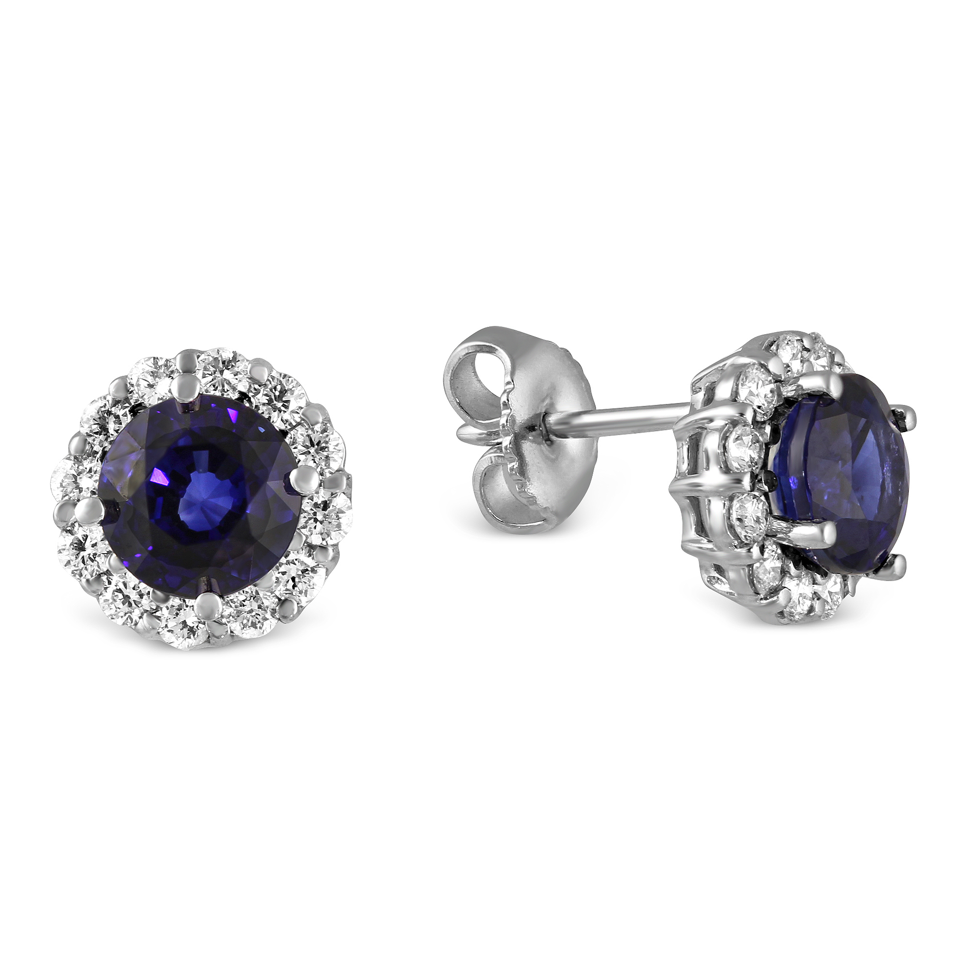 18K White Gold Round Sapphire & Diamond Halo Earrings