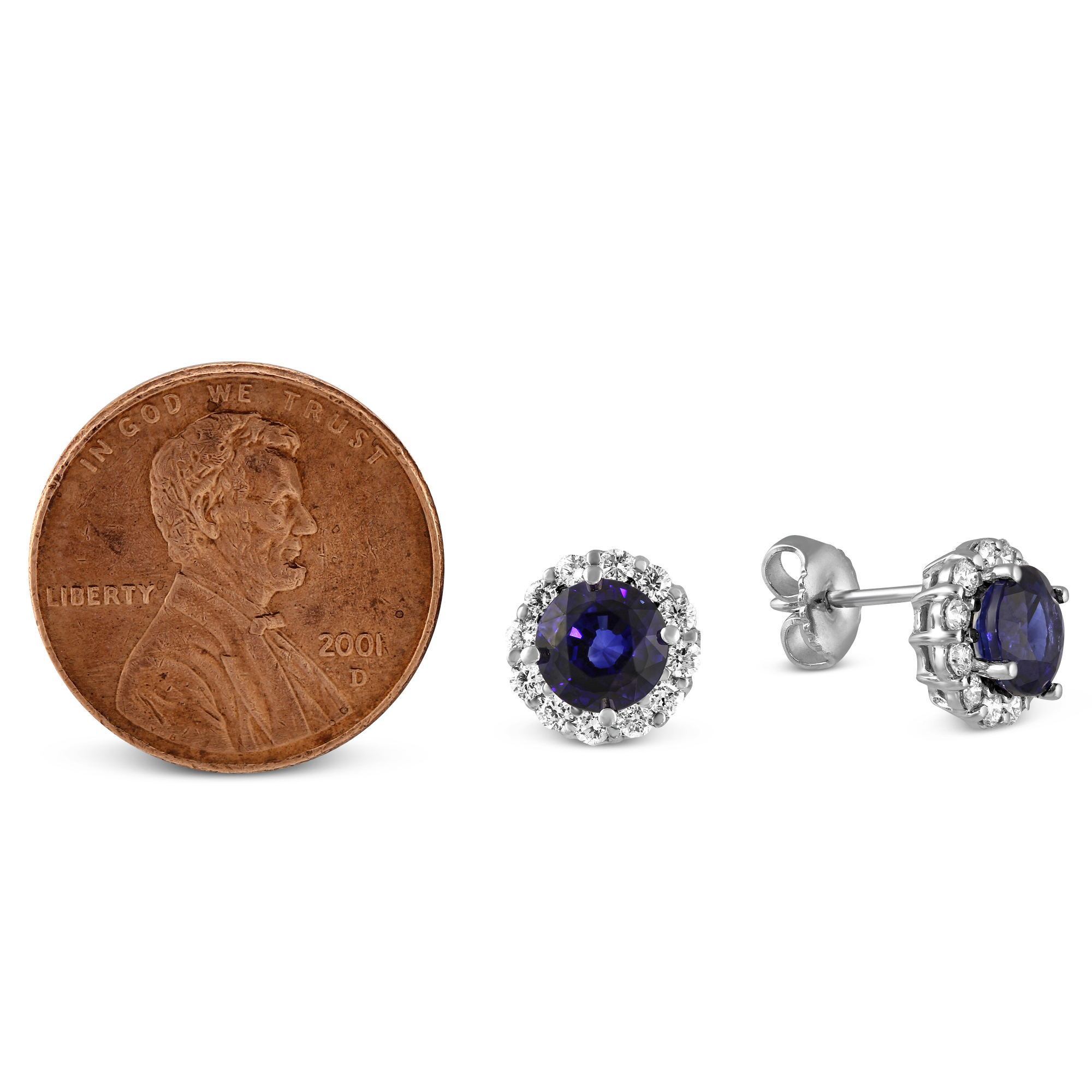 18K White Gold Round Sapphire & Diamond Halo Earrings