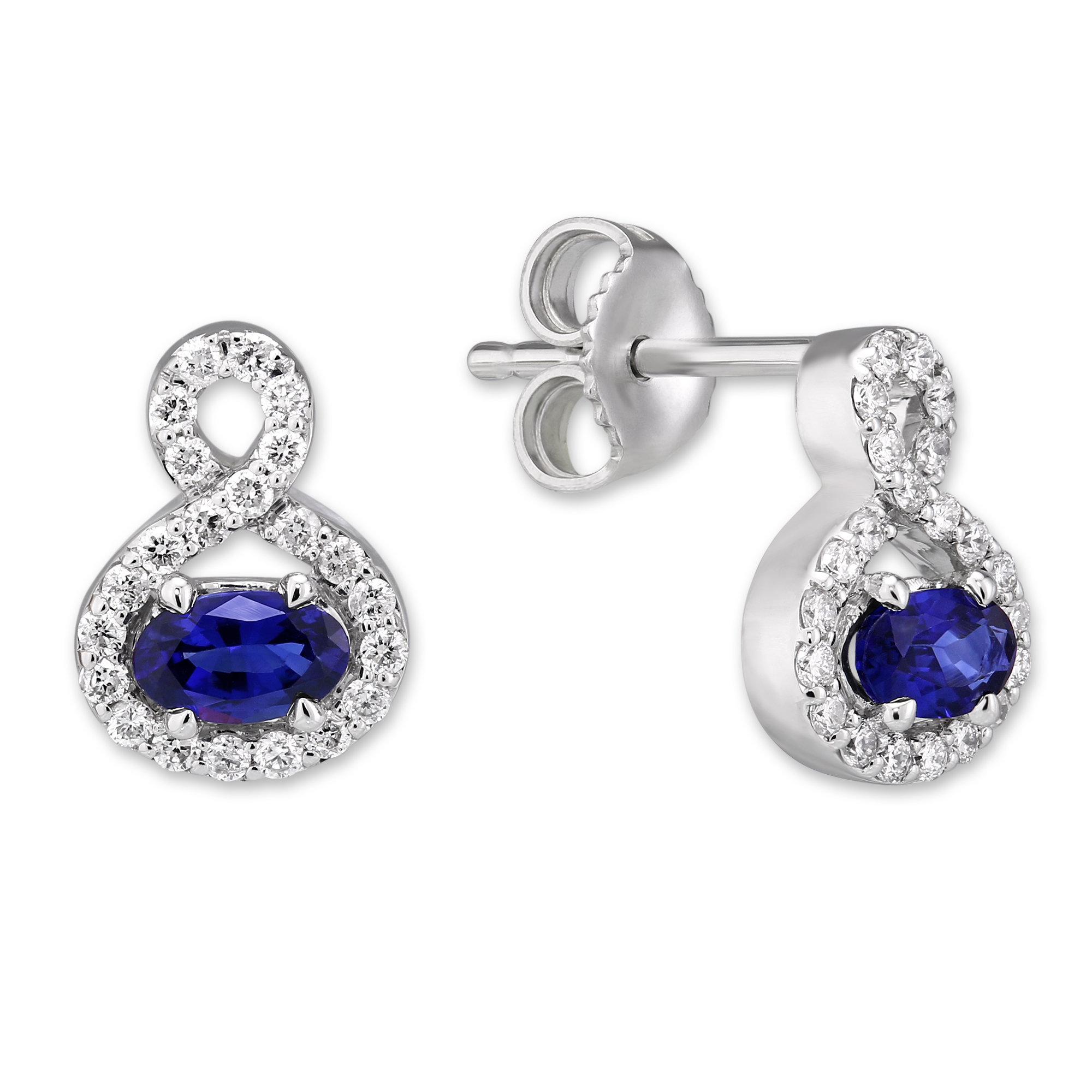 Oval Sapphire & Diamond Infinity Loop Earrings in White Gold