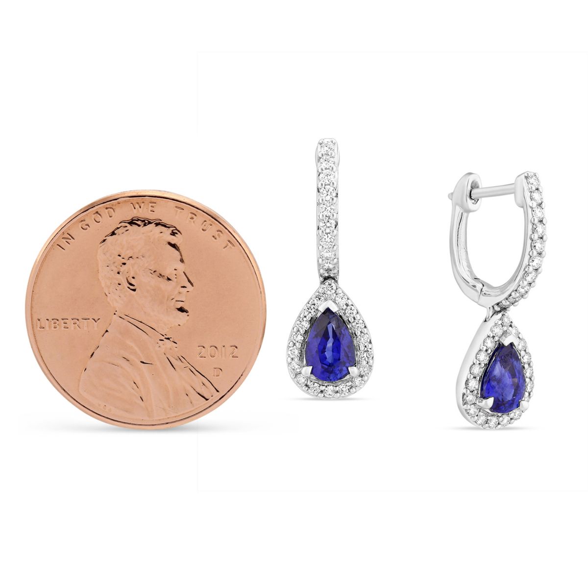 Pear Shaped Sapphire & Diamond Halo Drop Earrings in White Gold
