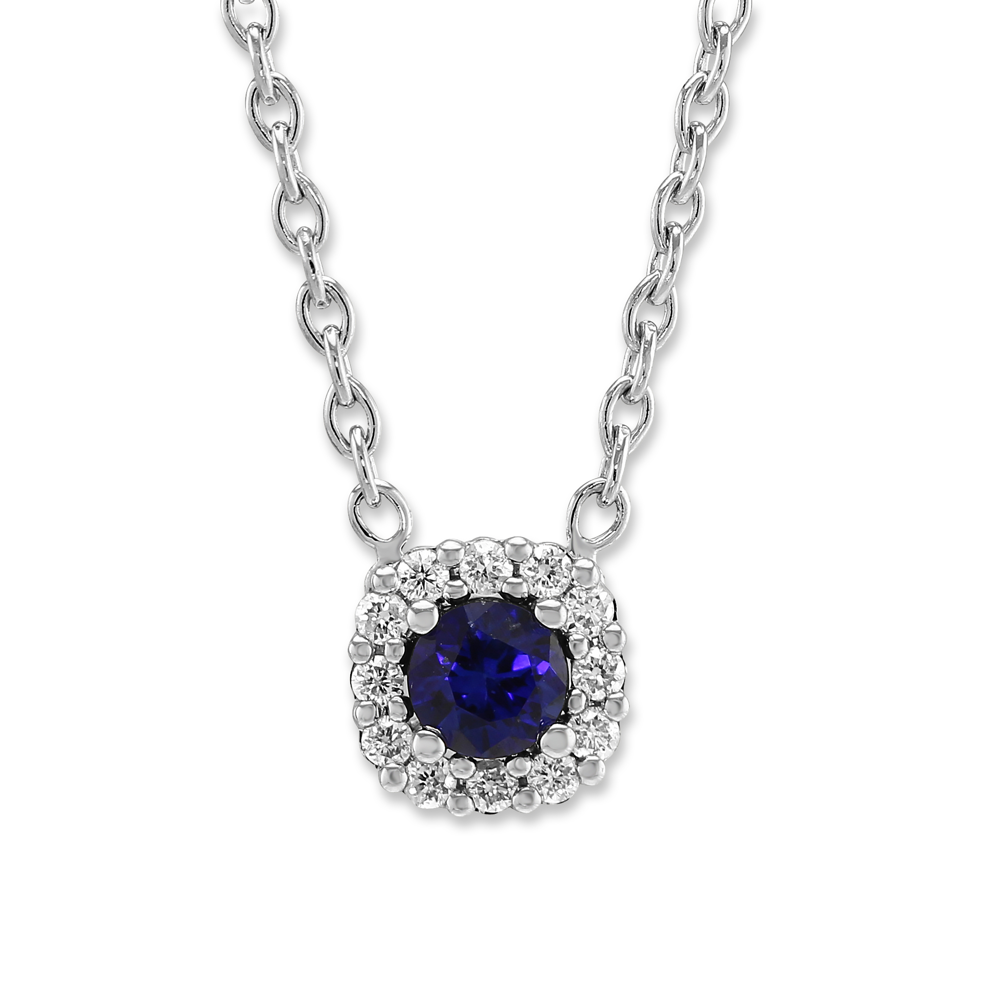 Round Sapphire & Diamond Halo Necklace in White Gold, 18
