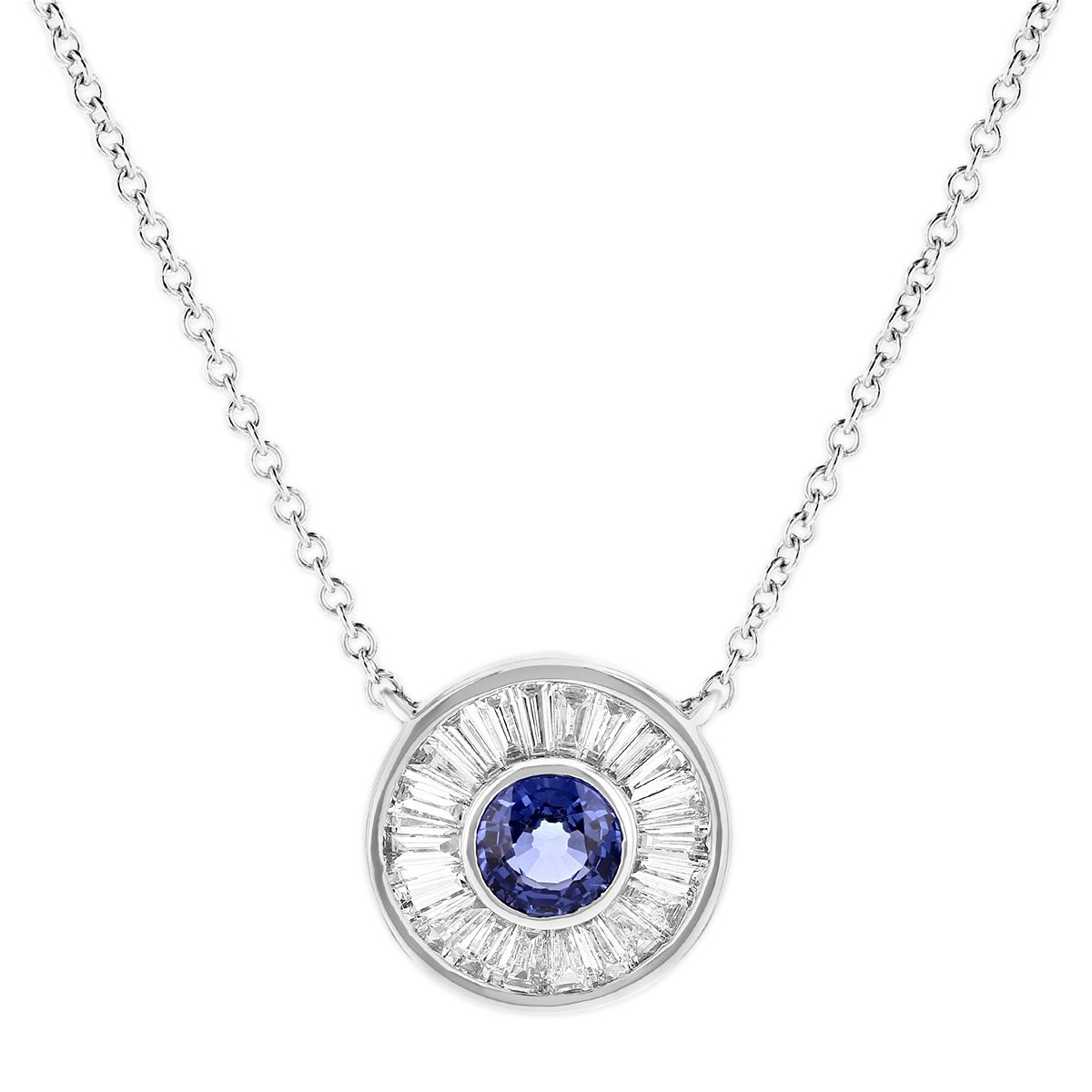 Doves 18K White Gold Round Sapphire & Diamond Baguette Bezel Set Circle Necklace, 17