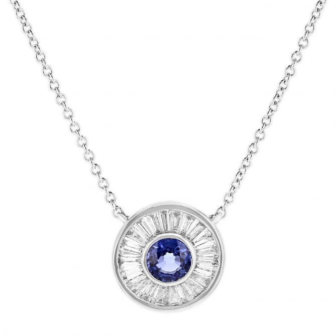 Doves 18K White Gold Round Sapphire & Diamond Baguette Bezel Set Circle Necklace, 17"