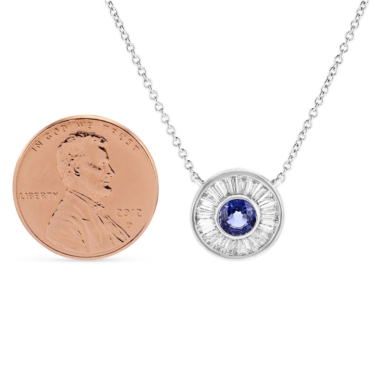 Doves 18K White Gold Round Sapphire & Diamond Baguette Bezel Set Circle Necklace, 17