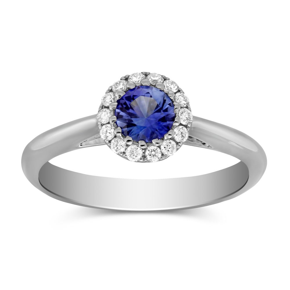 Round Sapphire & Diamond Halo Ring in White Gold