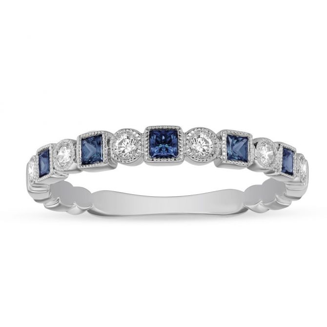 Princess Cut Sapphire & Diamond Geometric Ring in White Gold