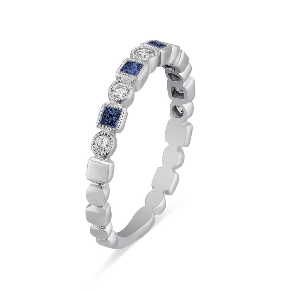 Princess Cut Sapphire & Diamond Geometric Ring in White Gold
