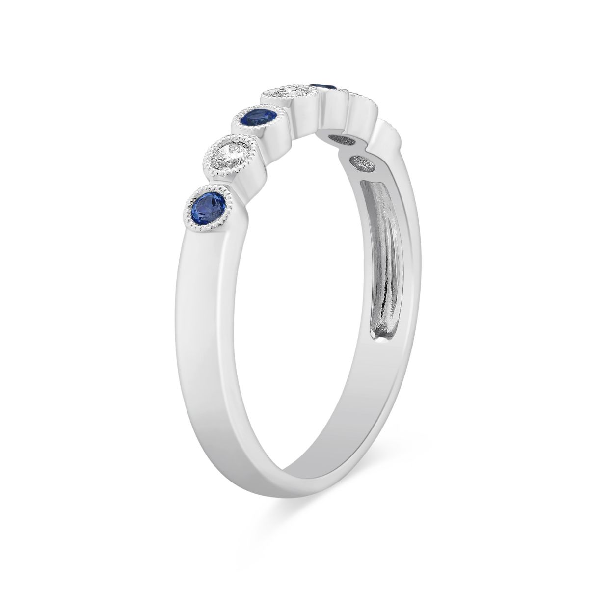 Round Sapphire &  Diamond Bezel Set Milgrain Ring in White Gold