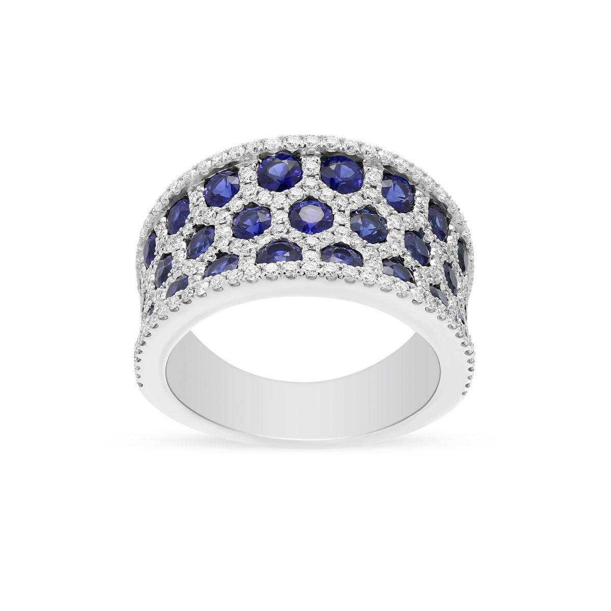 Sapphire & Diamond Honeycomb 3 Row Ring in White Gold