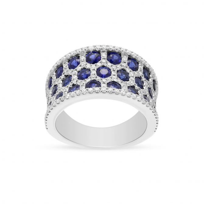 Sapphire & Diamond Honeycomb 3 Row Ring in White Gold