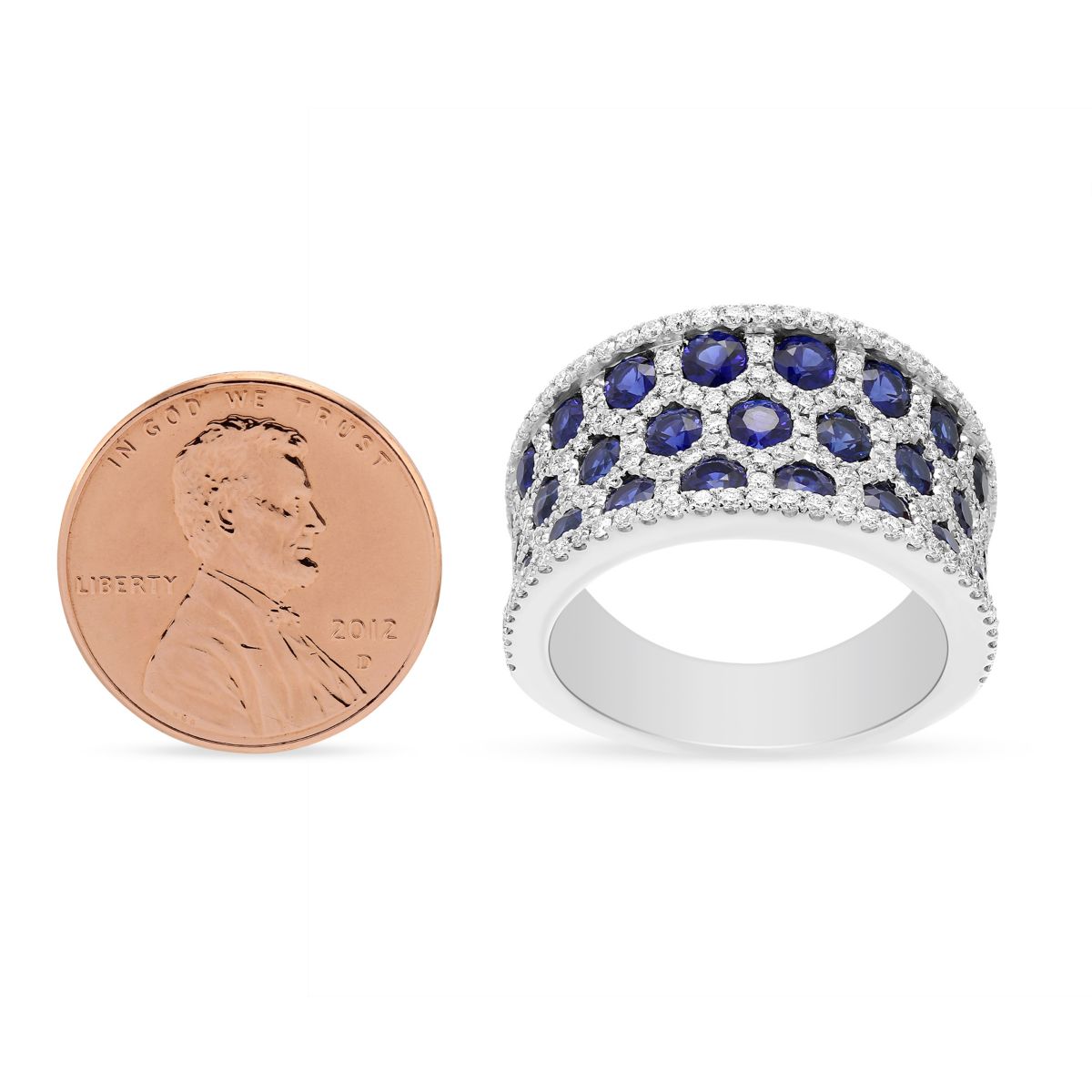 Sapphire & Diamond Honeycomb 3 Row Ring in White Gold
