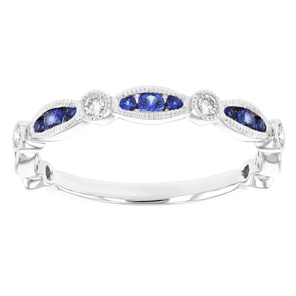 Sapphire & Diamond Milgrain Navette & Round Station Ring in White Gold