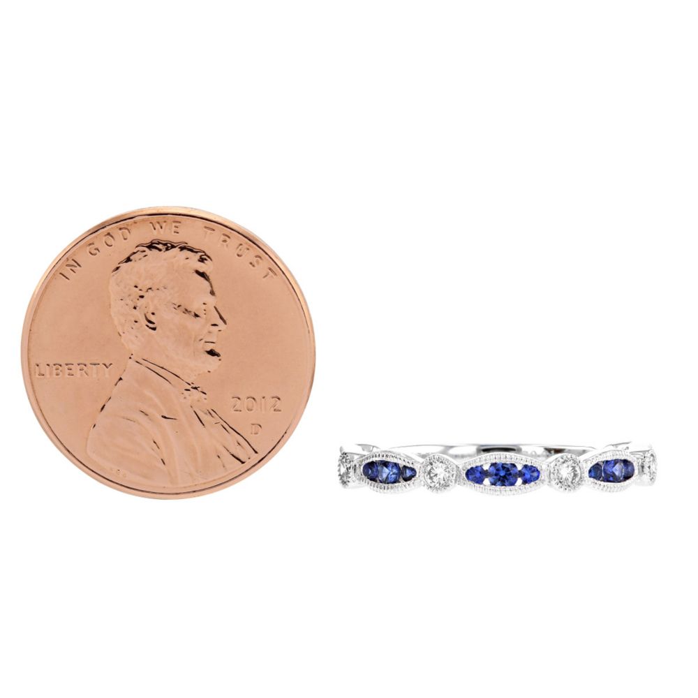 Sapphire & Diamond Milgrain Navette & Round Station Ring in White Gold