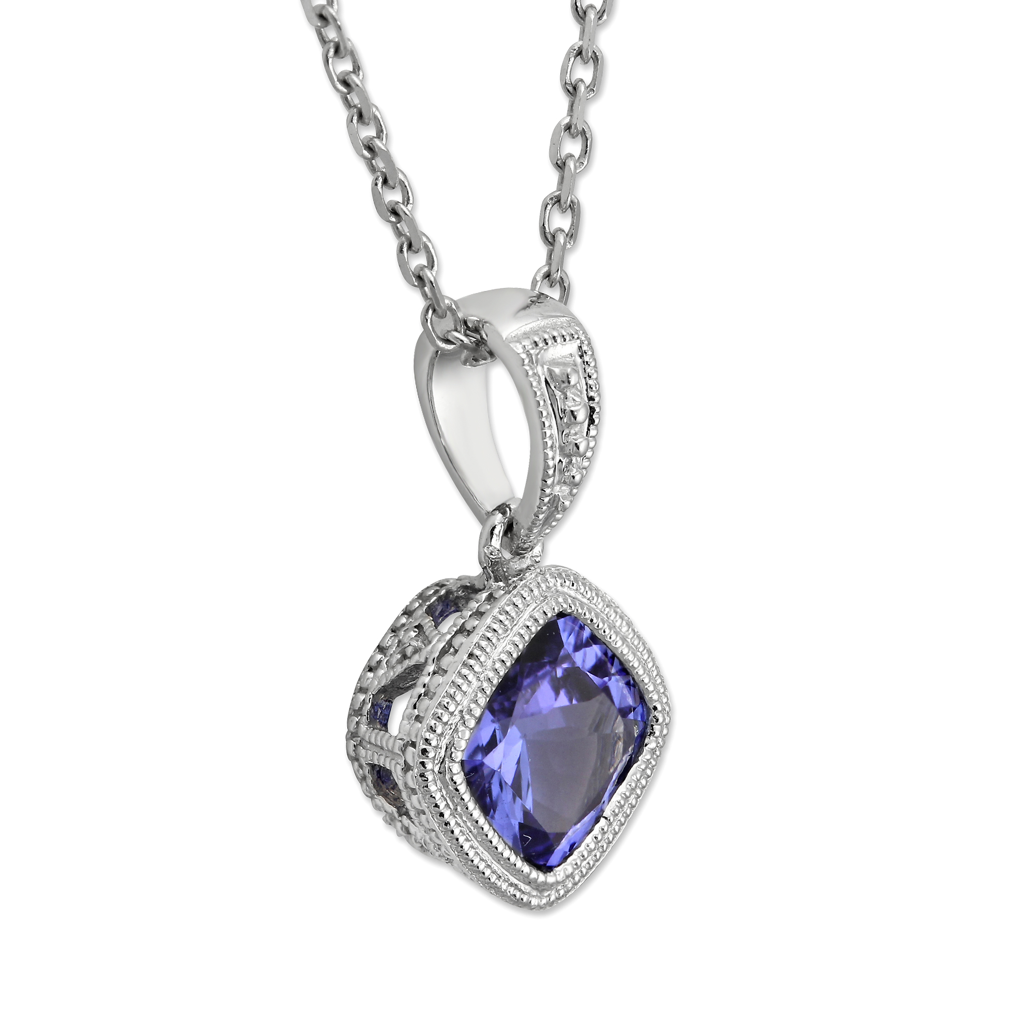 Cushion Tanzanite Milgrain Pendant in White Gold, 18