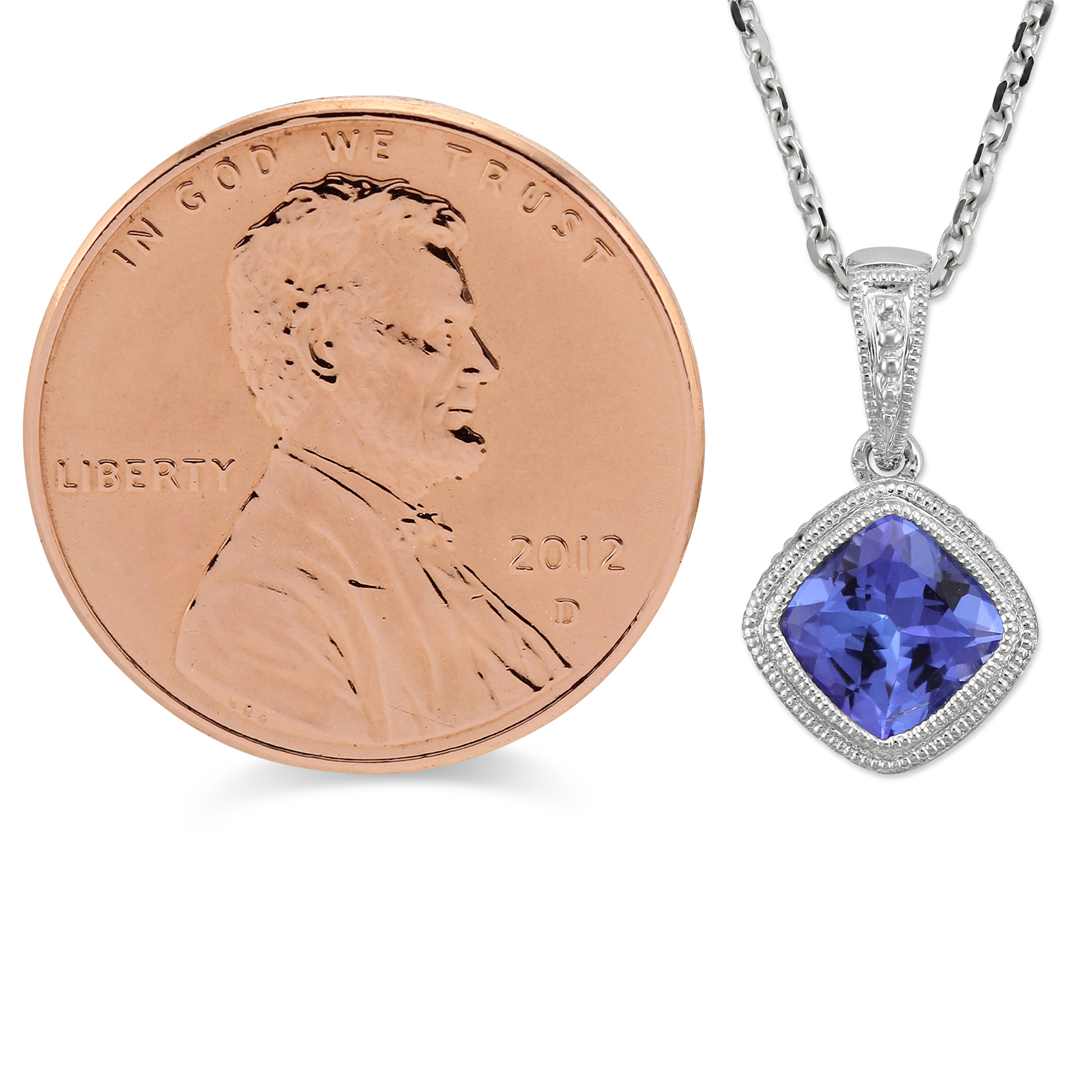 Cushion Tanzanite Milgrain Pendant in White Gold, 18