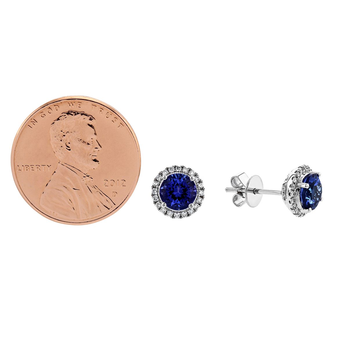 Round Tanzanite & Diamond Halo Post Earrings in White Gold
