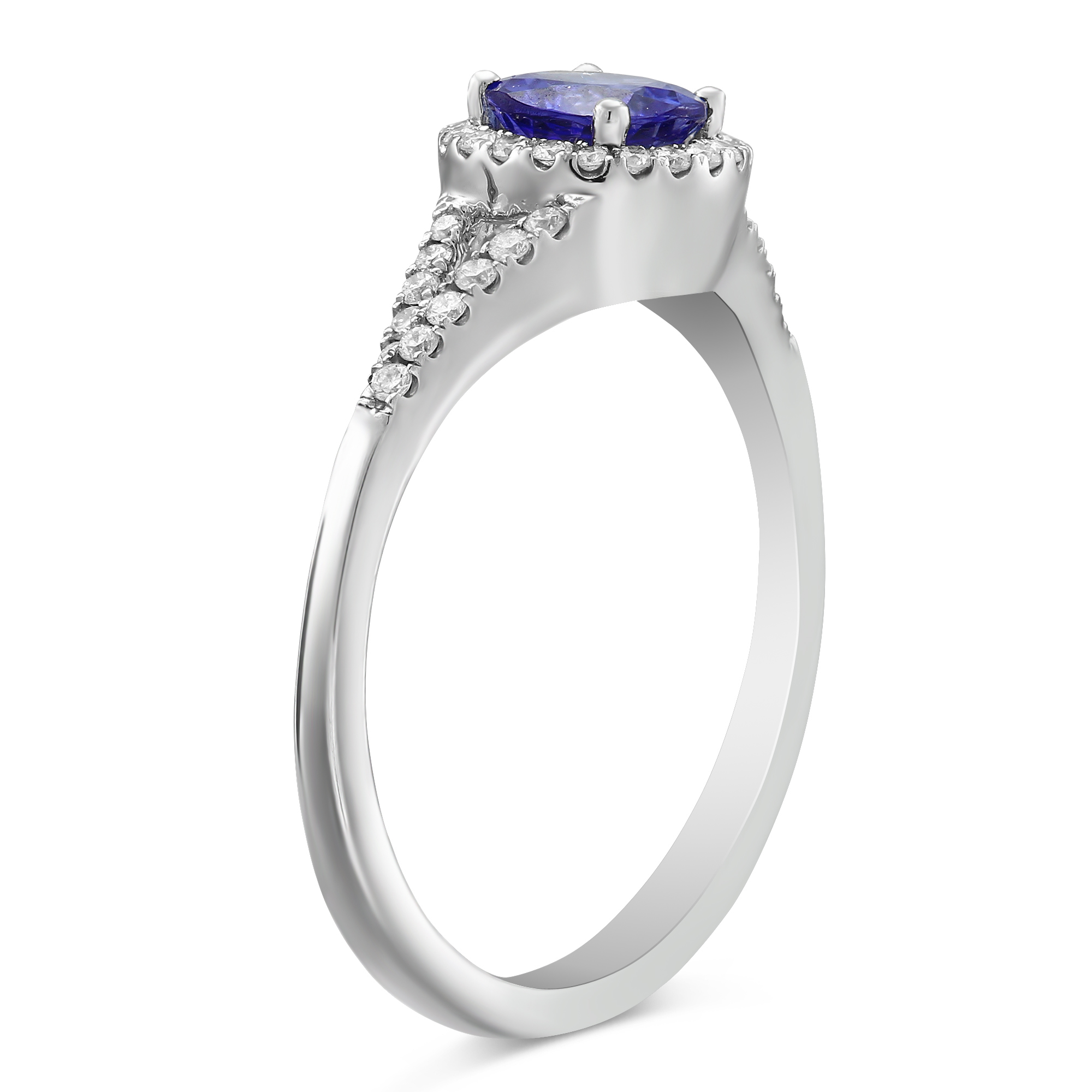 14K White Gold Round Tanzanite & Diamond Halo Split Shank Ring